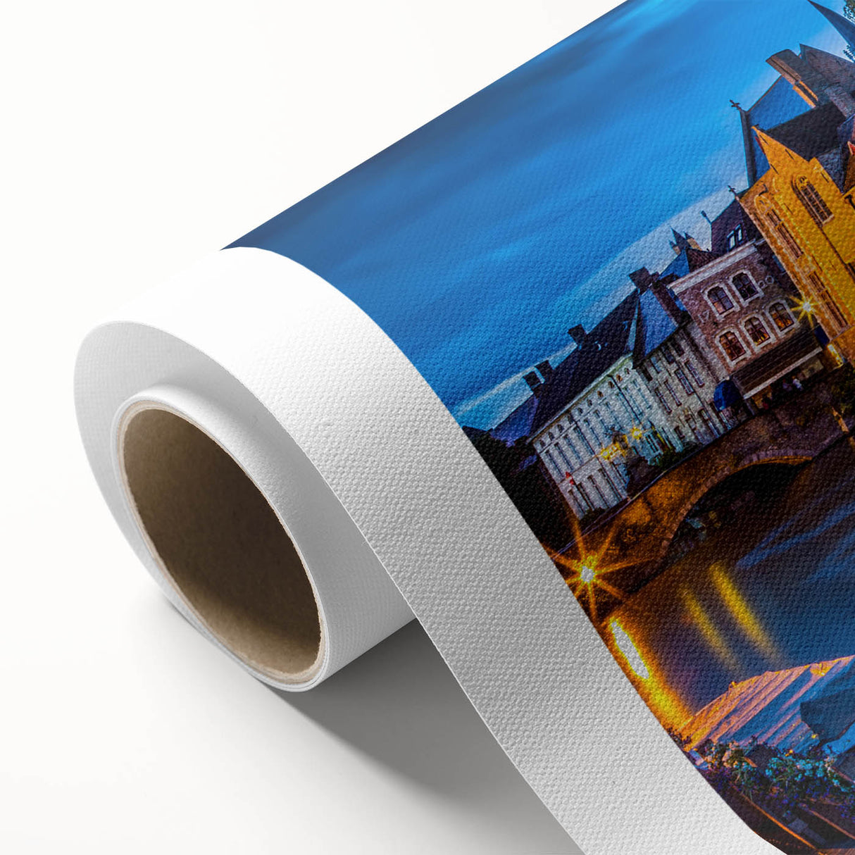 Art Deco style poster of a European cityscape in muted beige and green tones, rolled canvas ideal for nursery wall art.