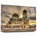 Large abstract wall art of a European scenery in muted earth tones on acrylic glass, ideal for bedroom or dining room decor.