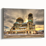 Landscape art painting of a Bulgarian scenery on framed canvas, featuring vibrant colors and vintage poster style.