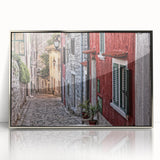 Large art print of a Croatian landscape in silver framed acrylic, featuring mid-century modernist style and soft earth tones.
