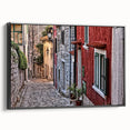 Black and white framed canvas depicting a vintage Croatian landscape, ideal for bedroom wall decor.