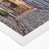 Art deco poster of a Croatian landscape, featuring muted earth tones on a rolled canvas, suitable for dining room decor.