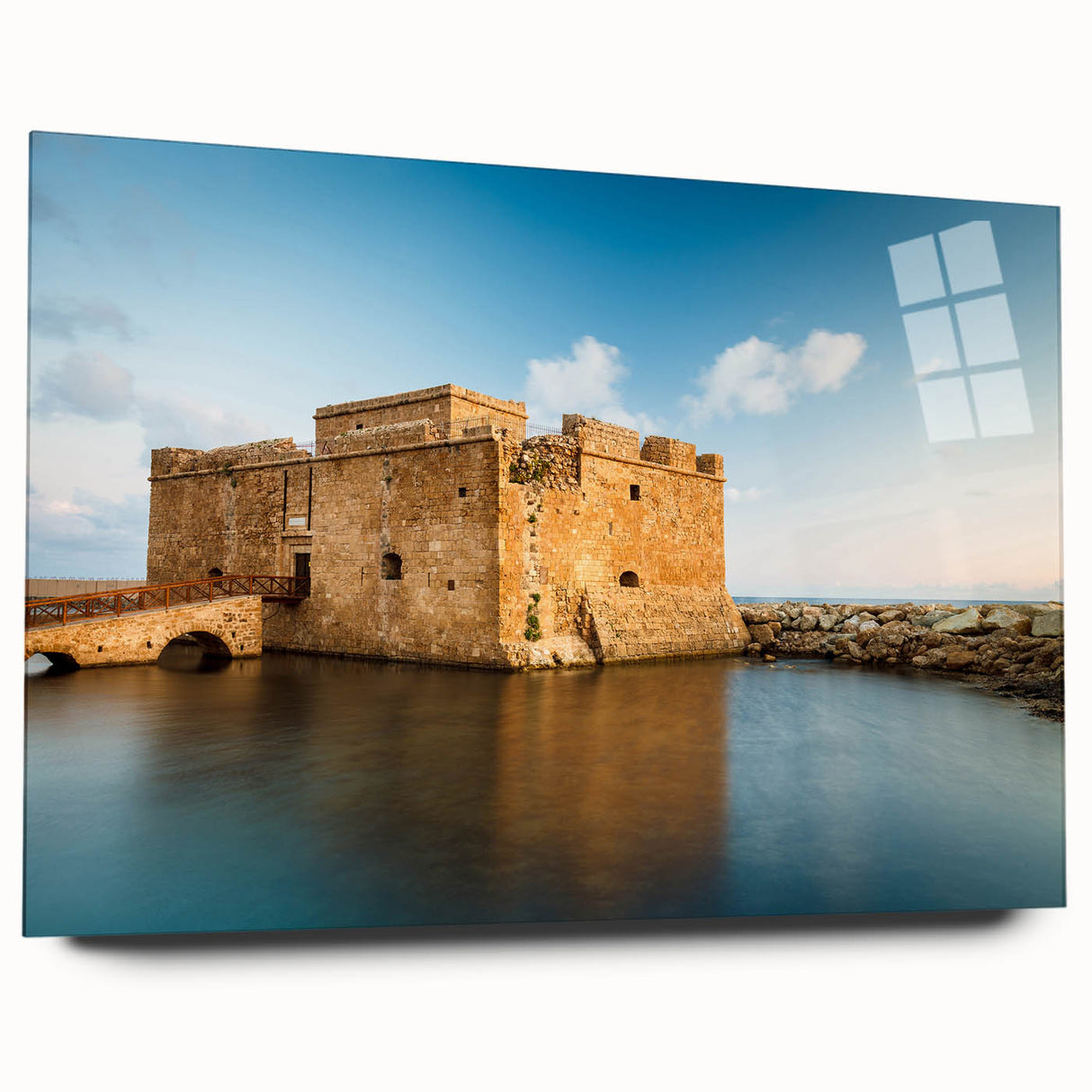 Large abstract wall art of a European Cyprus landscape in muted colors on acrylic glass.