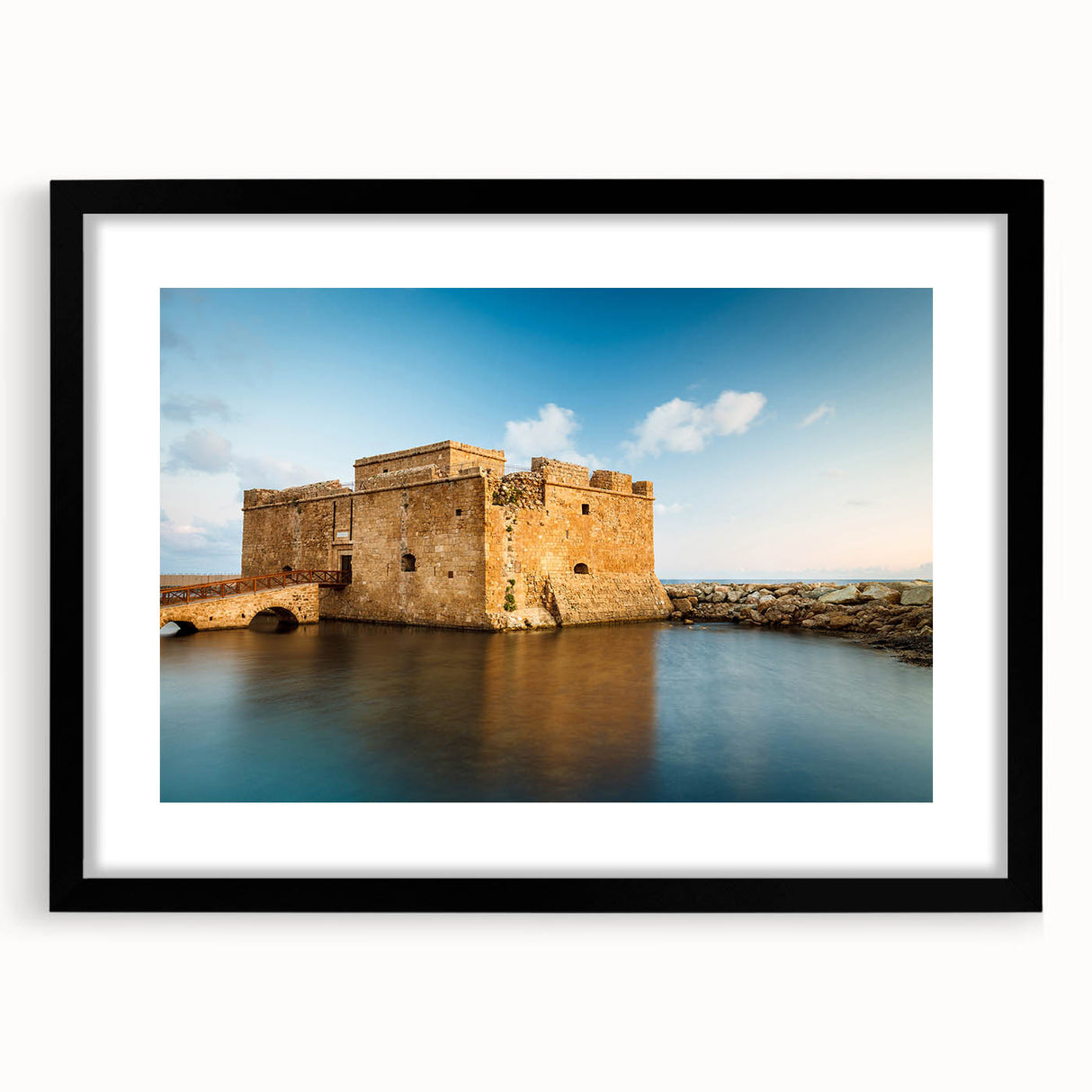 Extra large abstract art print of a colorful European scenery, textured on a black framed canvas.