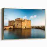 Framed canvas of a vintage-style landscape painting depicting a Cyprus scenery in muted earth tones.