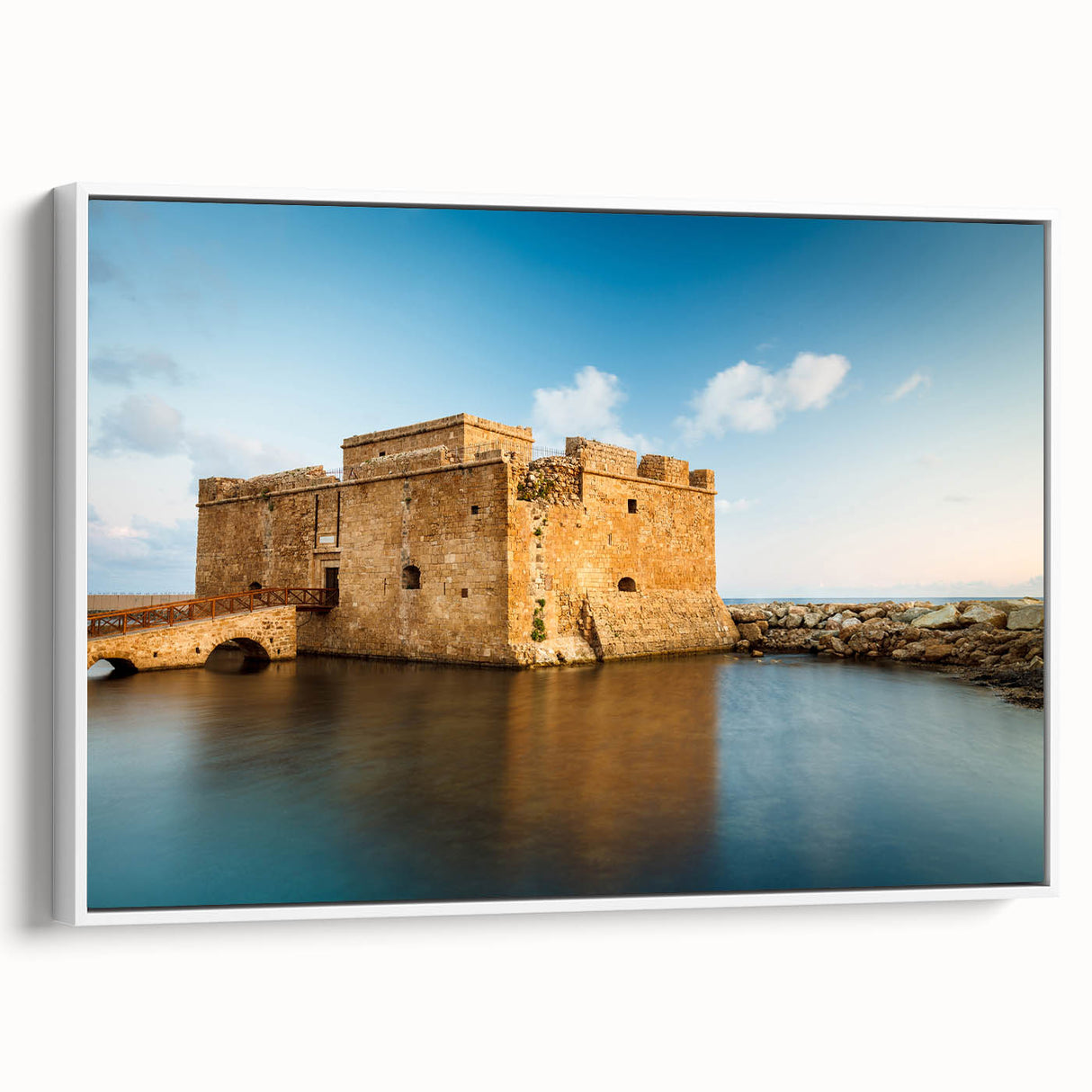 Vintage poster art of a European Cyprus landscape in vibrant colors on a framed canvas, ideal for living room decor.