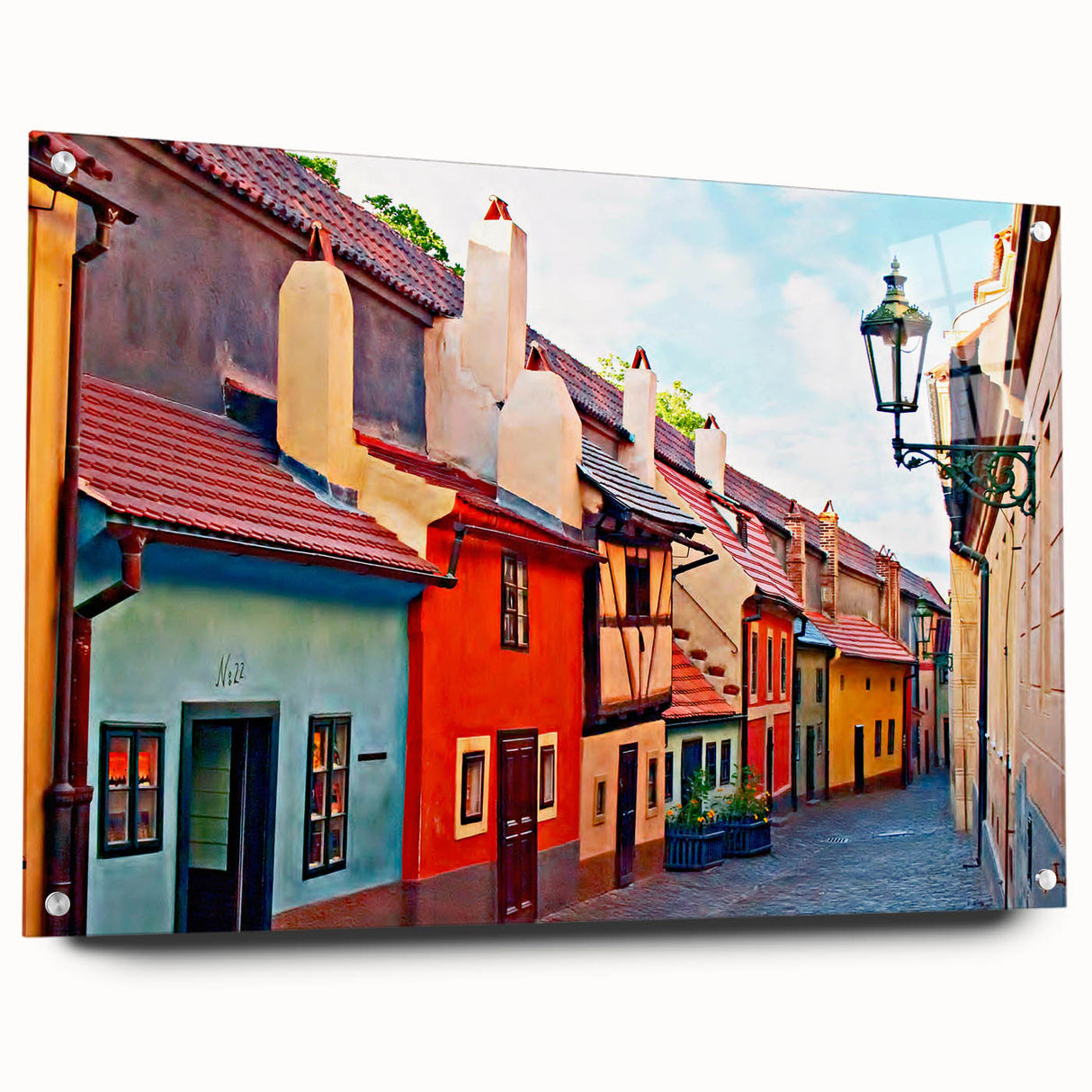 Acrylic print of Prague scenery with soft pastel shades, ideal for dining room art.