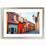 Textured art of Prague skyline in muted earth tones on a framed canvas, suitable for bedroom decor.