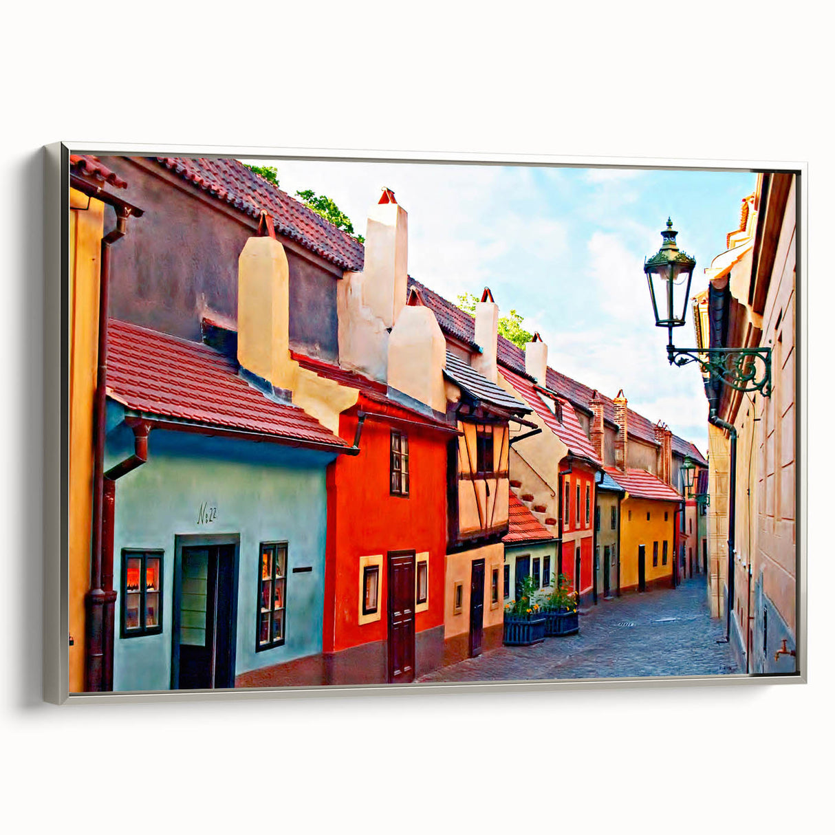Landscape art painting of Prague on framed canvas, featuring a vintage poster style with colorful and black elements.
