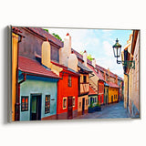 Landscape art painting of Prague on framed canvas, featuring a vintage poster style with colorful and black elements.