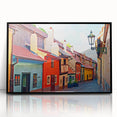 Large abstract wall art of Prague skyline in muted gray and blue tones on a framed acrylic.