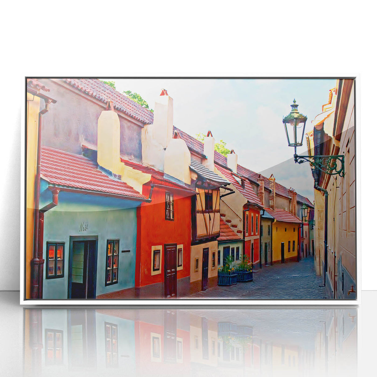 Art deco poster of Prague skyline in muted gray and blue tones, framed acrylic, suitable for modern art wall decor.