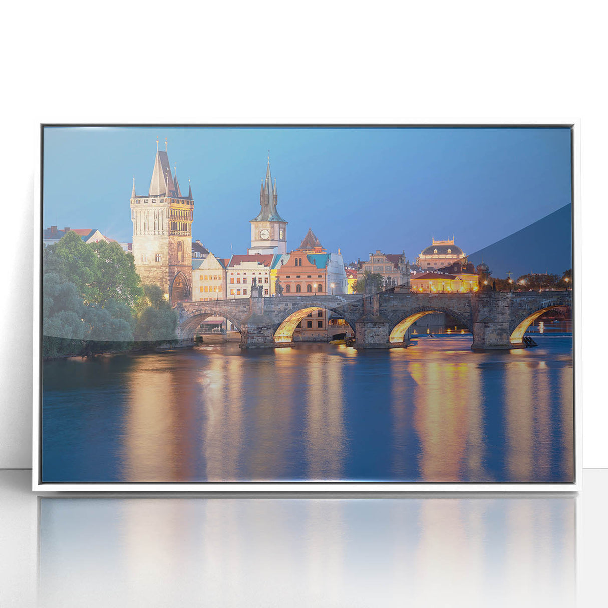 Framed acrylic print of a Czech Republic scenery in mid-century modernist style, featuring muted earth tones.
