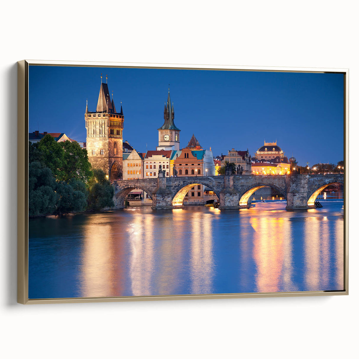 Framed canvas of a vintage-style Czech landscape painting in muted gold and black tones, ideal for bedroom wall art.