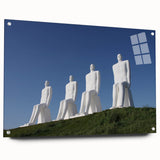 Acrylic print of a large abstract depiction of a European scenery in muted blue and green tones.