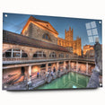 Acrylic glass print of a European cityscape in muted earth tones, ideal for dining room decor.