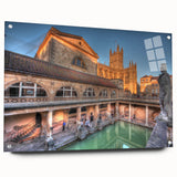 Acrylic glass print of a European cityscape in muted earth tones, ideal for dining room decor.