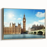 Framed canvas of Big Ben with golden hues, ideal for bedroom wall art in a vintage poster style.