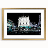 Abstract art print of Piccadilly, England in muted gold and gray tones on a framed canvas, ideal for dining room decor.