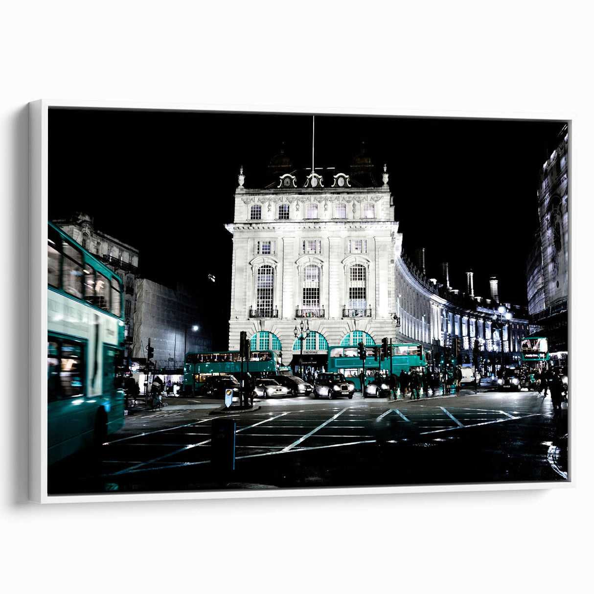 Vintage poster art of Piccadilly, England in vibrant colors on extra large framed canvas, ideal for living room decor.