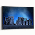 Black and white framed canvas of Stonehenge, ideal for bedroom wall art, featuring a vintage poster style.