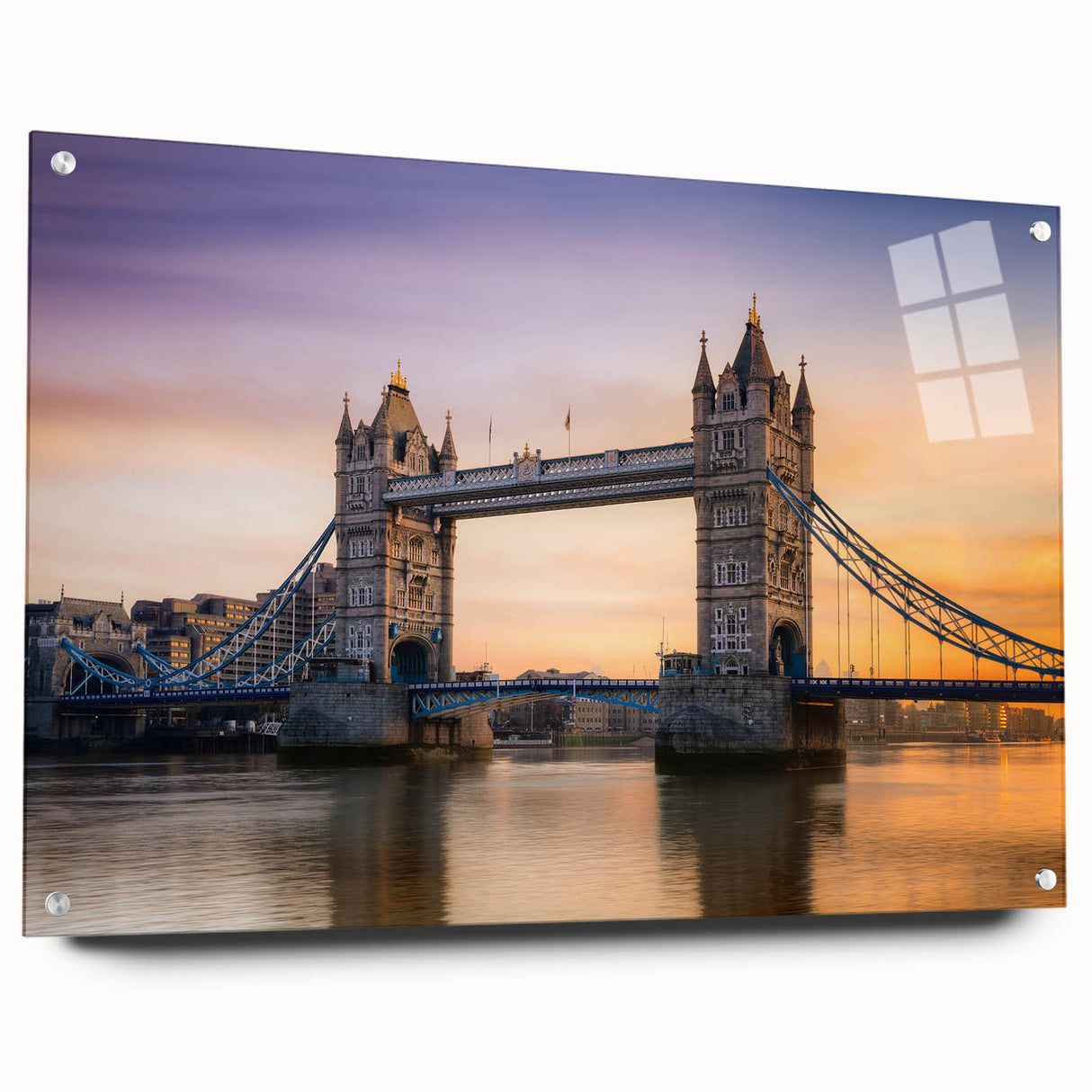 Acrylic print of the Thames River with muted blue and gray tones, suitable for bedroom or dining room decor.