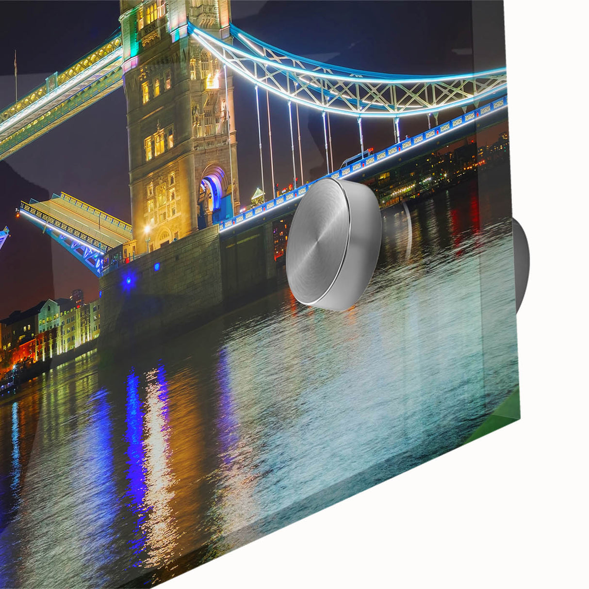Mid-century modernist acrylic print of the Tower Bridge in muted blue and gray tones, ideal for dining room art.