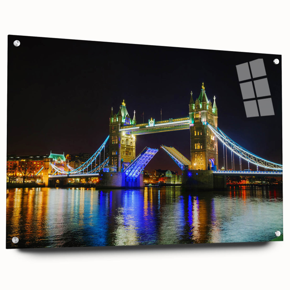 Acrylic print of the Tower Bridge in muted blue and gray tones, suitable for dining room decor.
