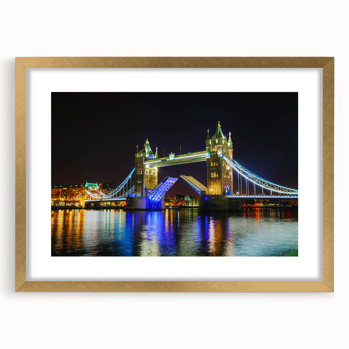 Abstract art print of Tower Bridge in muted gray and blue tones on a framed canvas, ideal for dining room decor.