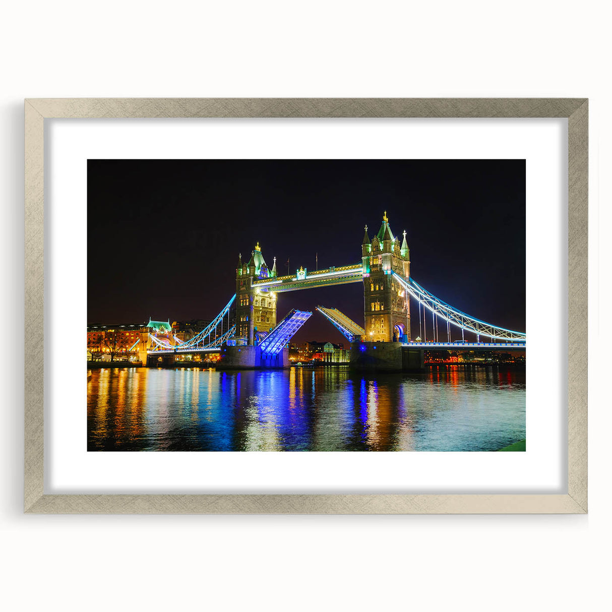 Extra large wall art featuring an abstract print of Tower Bridge in muted gray and blue tones on a framed canvas.
