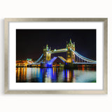 Extra large wall art featuring an abstract print of Tower Bridge in muted gray and blue tones on a framed canvas.