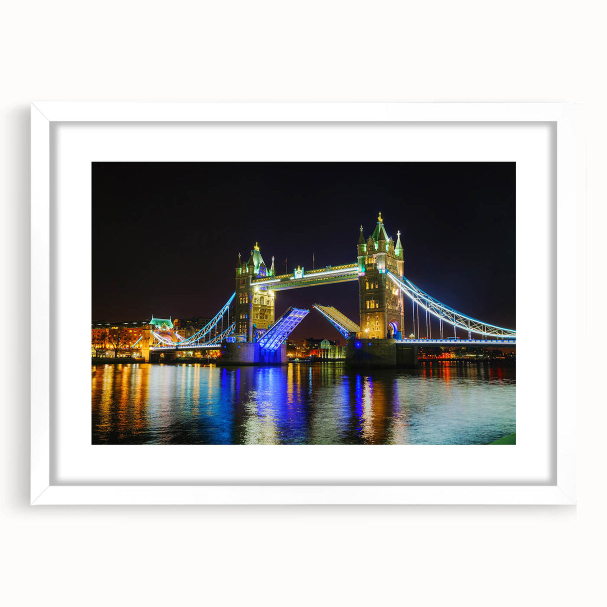 Textured art of Tower Bridge in muted gray and blue tones on a framed poster, ideal for modern bedroom ambiance.
