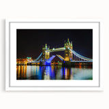 Textured art of Tower Bridge in muted gray and blue tones on a framed poster, ideal for modern bedroom ambiance.