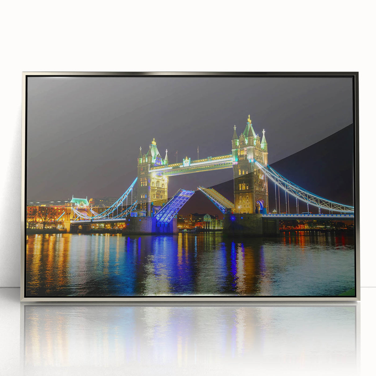Acrylic print of Tower Bridge in muted gray and blue tones, ideal for modern art wall decor.