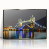 Acrylic print of Tower Bridge in muted gray and blue tones, ideal for modern art wall decor.
