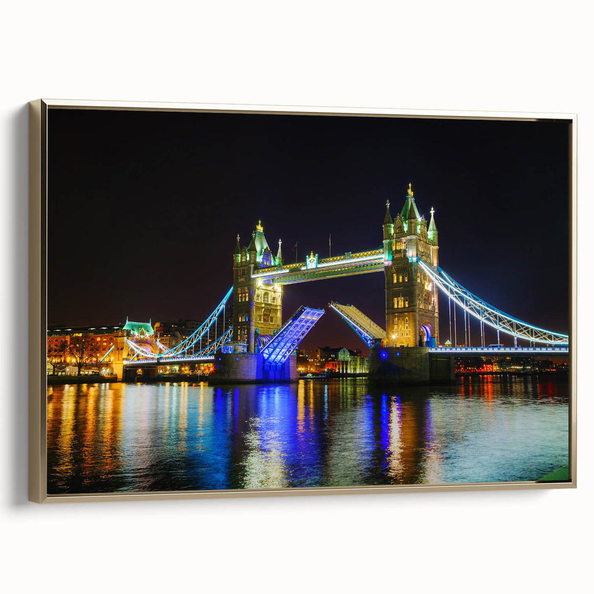 Framed canvas depicting Tower Bridge in muted black and gold tones, ideal for bedroom wall art.