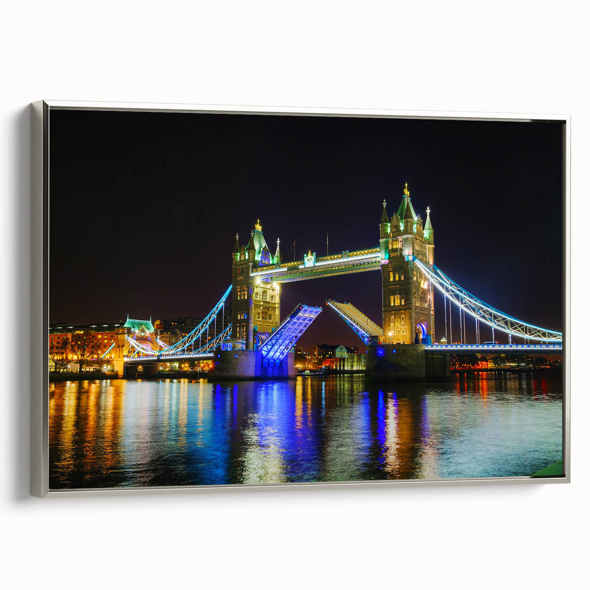 Landscape art painting of Tower Bridge with muted gray and silver tones on a framed canvas, ideal for office or study decor.