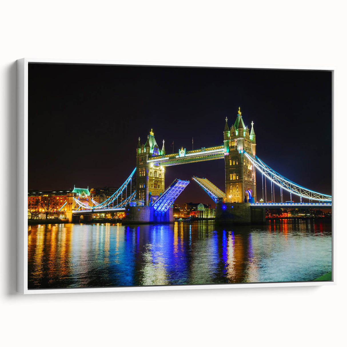 Vintage poster art of Tower Bridge with muted colors on framed canvas, ideal for living room decor.