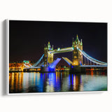 Vintage poster art of Tower Bridge with muted colors on framed canvas, ideal for living room decor.