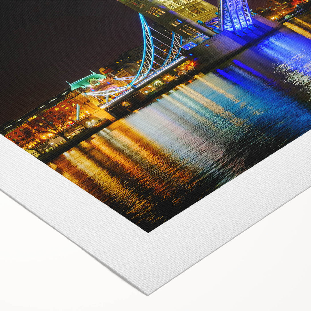 Art Deco poster of Tower Bridge with muted blue and gray tones on rolled canvas, suitable for dining room decor.