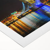 Art Deco poster of Tower Bridge with muted blue and gray tones on rolled canvas, suitable for dining room decor.
