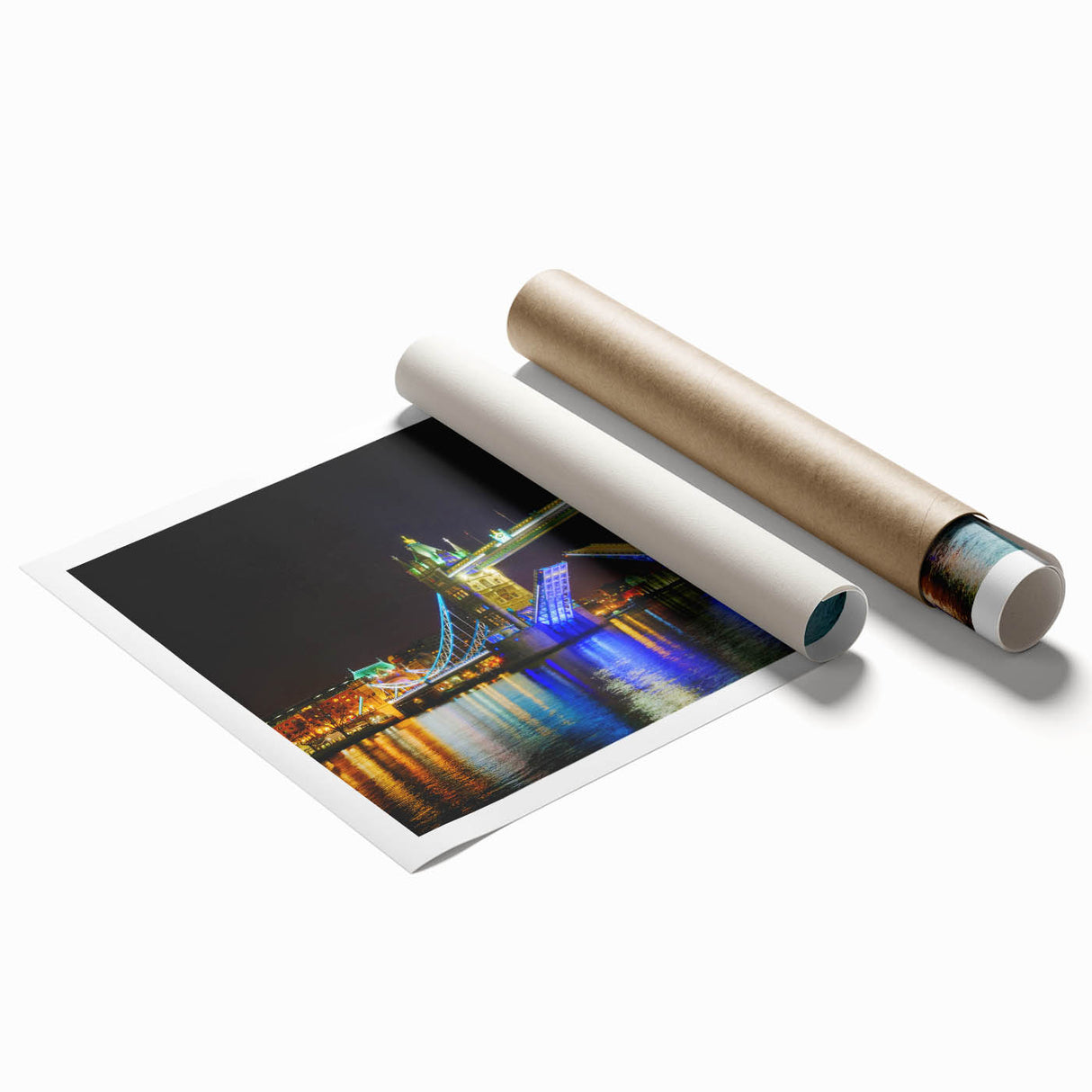Extra large rolled print of Tower Bridge with muted blue and gray tones, ideal for classy bathroom wall art.