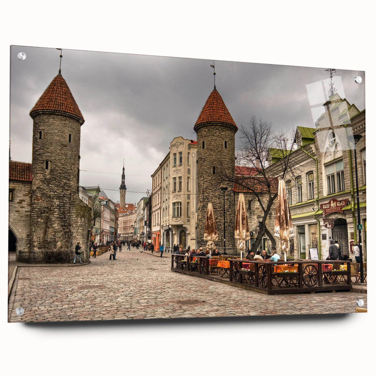 Acrylic print of a serene European landscape in muted green and blue tones, suitable for bedroom or dining room decor.