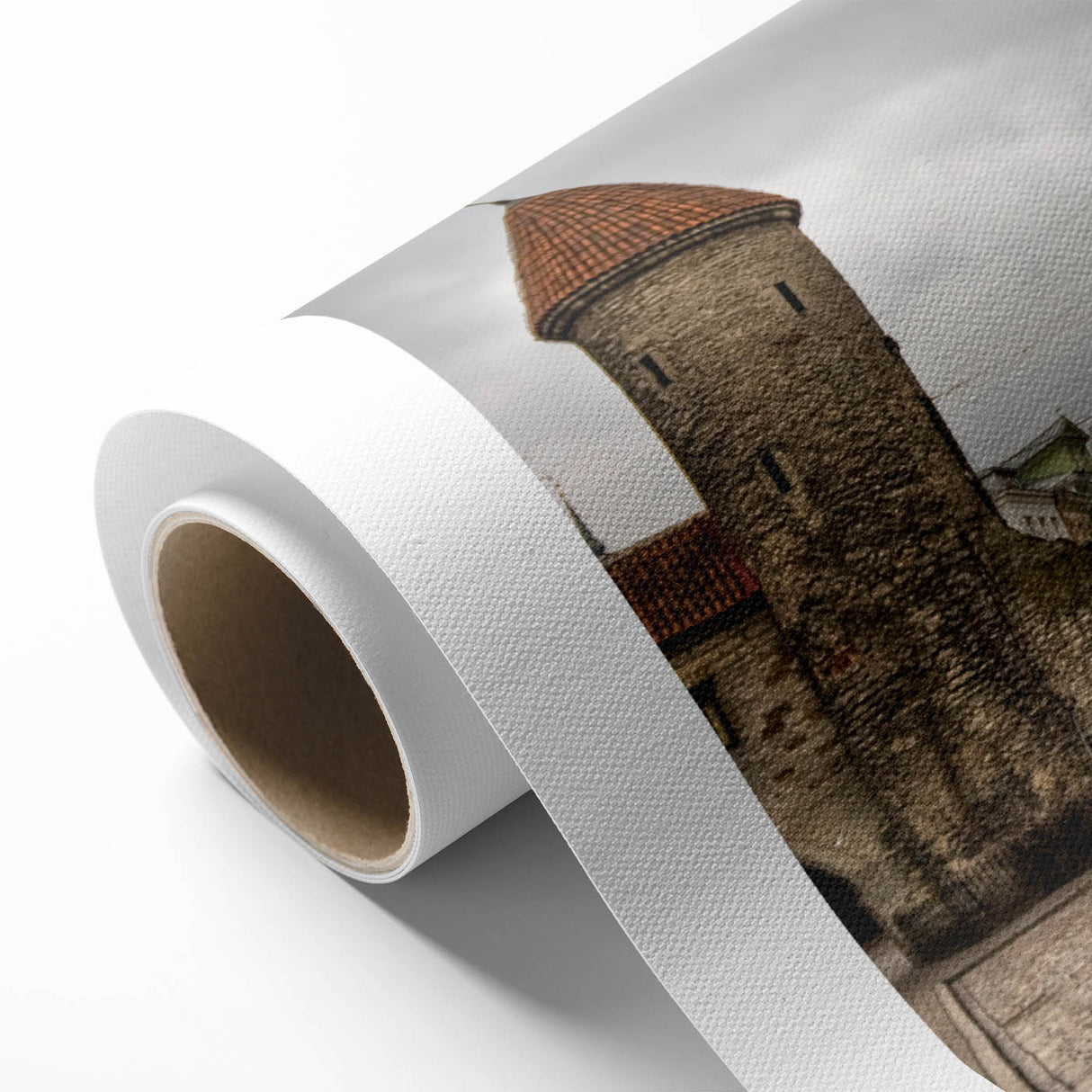 Art Deco poster of a scenic European landscape in muted green and blue tones on rolled canvas, ideal for nursery wall art.