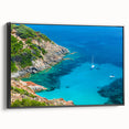 Black and white wall art of a Corsican landscape on framed canvas, ideal for bedroom decor, featuring a vintage poster style.