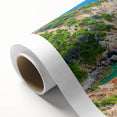 Art deco poster of Corsican landscape on rolled canvas, featuring muted earth tones, ideal for nursery wall art.