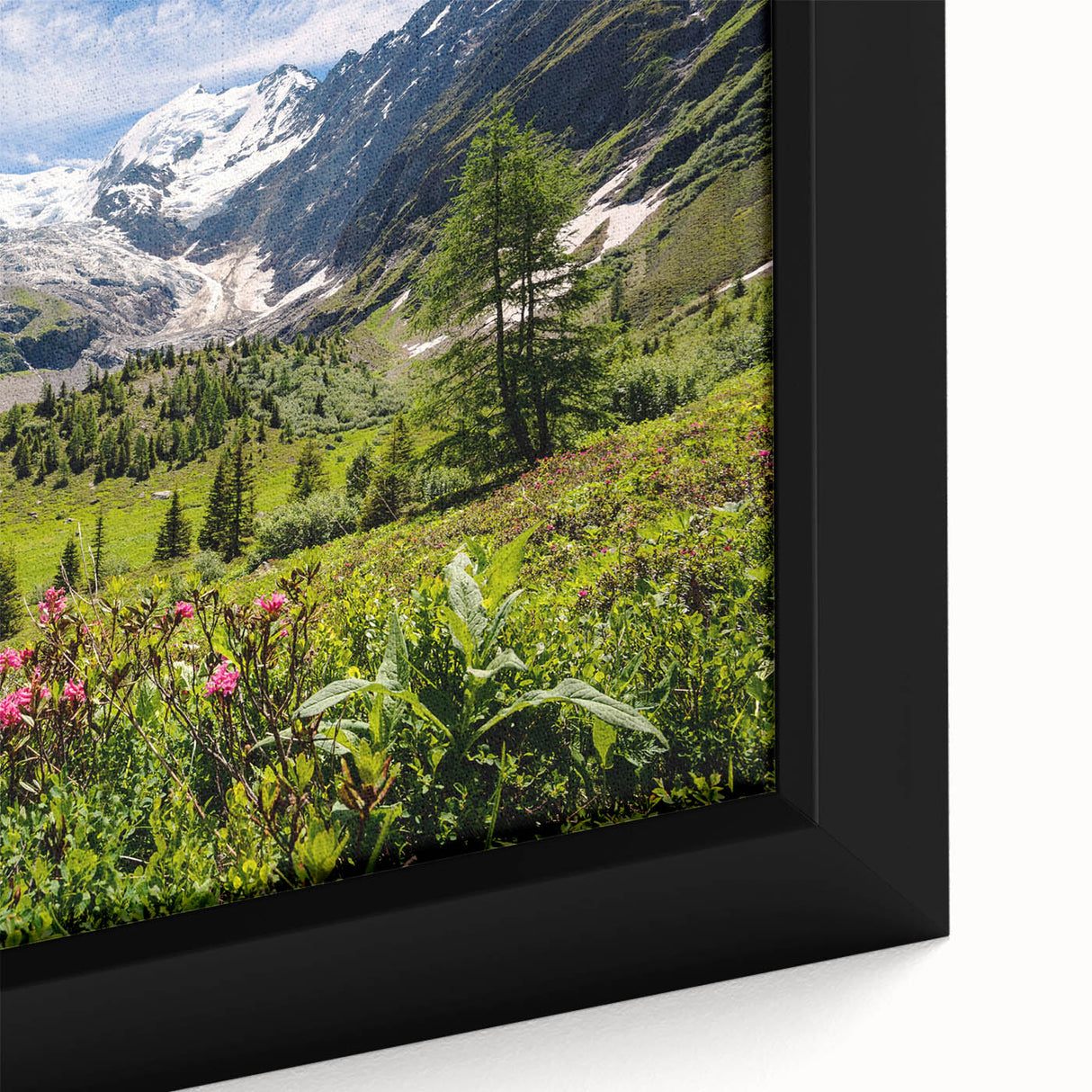 Black wall art of the French Alps on a framed canvas, featuring vibrant, textured colors, ideal for living room decor.