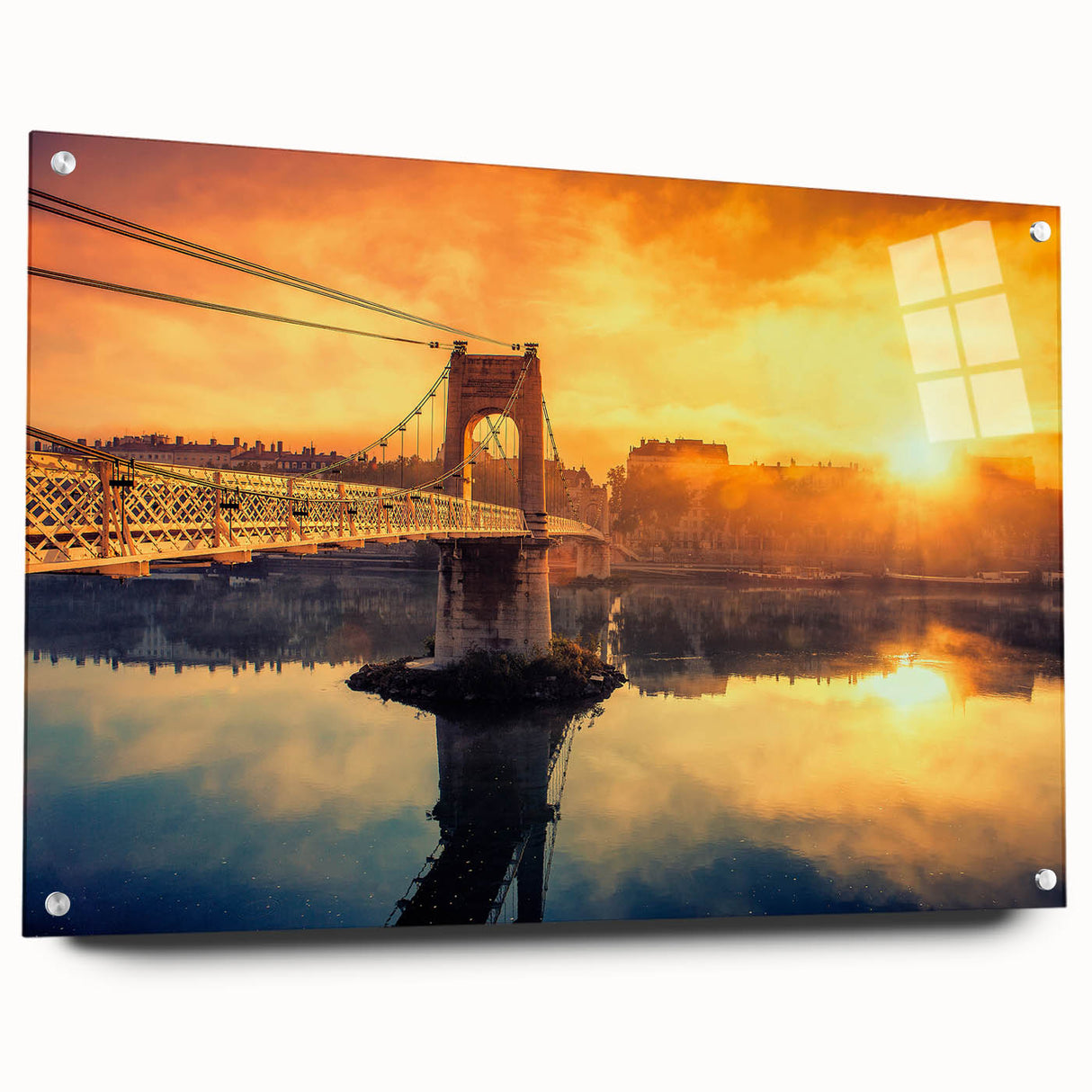 Acrylic print of Lyon cityscape in muted gray and blue tones, ideal for dining room art.