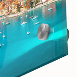 Large abstract wall art of Nice, France, in muted blue and green tones on acrylic glass, suitable for dining room ambiance.