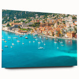 Large abstract print of the Nice, France skyline in muted blue and gray tones on acrylic glass.